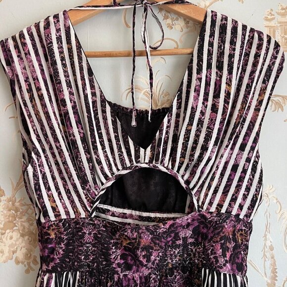 Free People Womens Midi Dress Sz 2 Cut Out Stripe Floral Boho Beachy Mixed Media - Picture 5 of 8